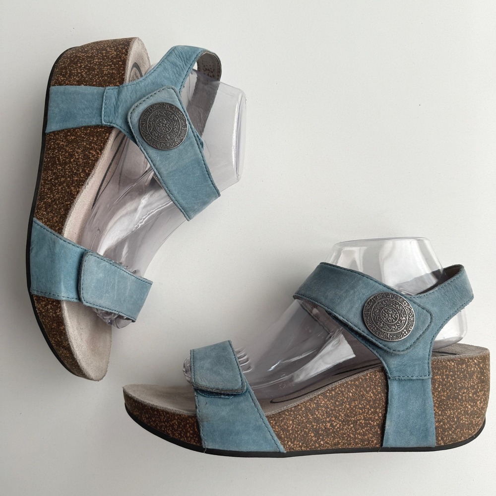 Abeo Una Metatarsal Arch Comfort Hook Loop Sky Blue Nubuck Cork Sole Sandals 10N